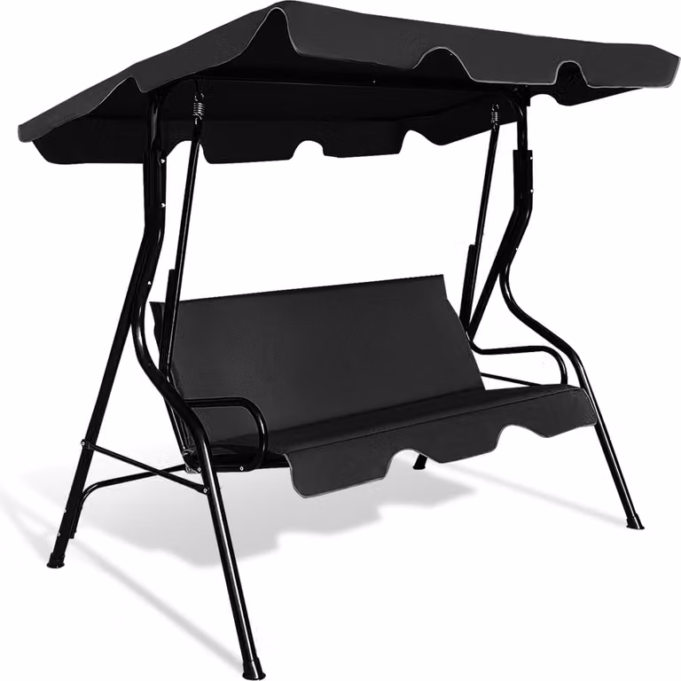 COSTWAY Altalena Hollywood a 3 posti con tettuccio parasole, cuscino di seduta di 5 cm, altalena da giardino con capacità di carico fino a 210 kg, panca per altalena, altalena, nero
