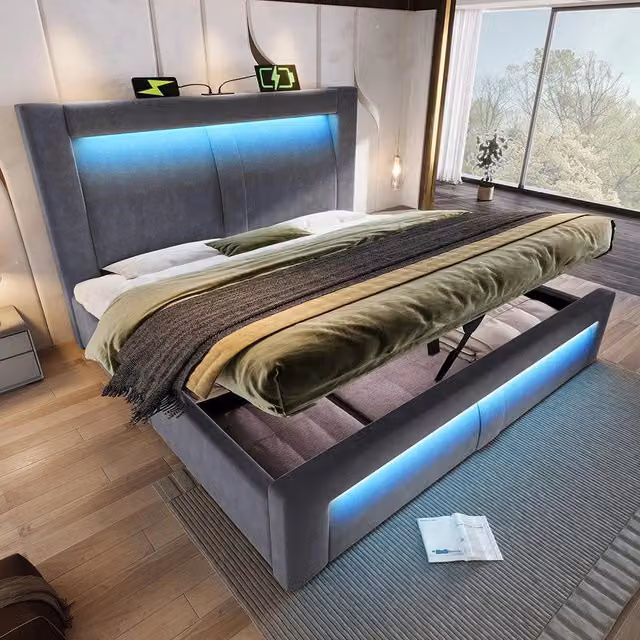 Letto matrimoniale-Xylo-160x200cm idraulico LED USB-C velluto grigio