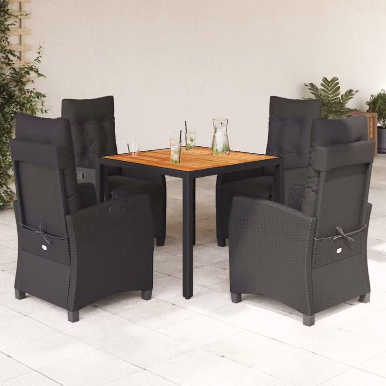 Set da Pranzo da Giardino vidaXL in Polyrattan e Legno di Acacia Nero con 5 Pezzi e Cuscini