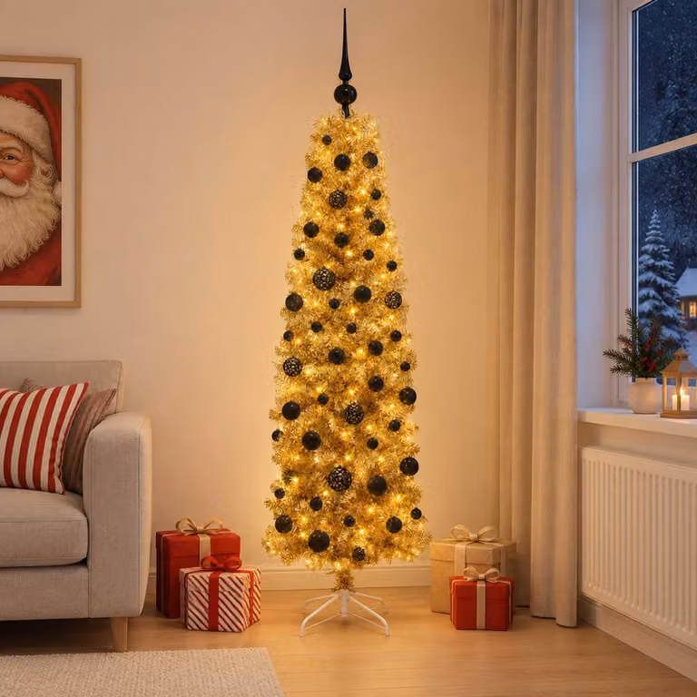Albero di Natale artificiale, sottile, con palline, altezza 180 cm, 300 luci LED
