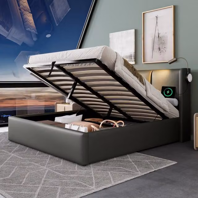 Letto matrimoniale imbottito con contenitore e luce LED grigio, dotato di porte USB e sollevamento idraulico, L/P: 180 x 200 cm – 1