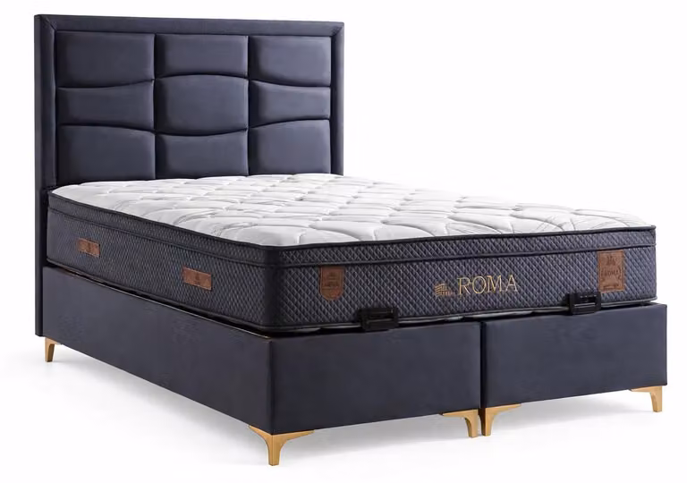 Letto con materasso in stile moderno, rivestimento in tessuto blu, con contenitore