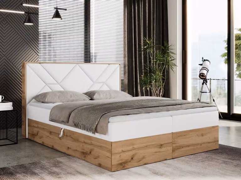 Letto boxspring 120x200 con contenitore, letto imbottito 120x200 con materasso H4, letto boxspring 120x200 con testiera, letto boxspring in legno massello - Gunar - Pelle finta bianca - H4
