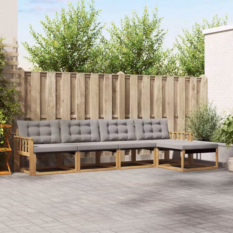 Set di divani da esterno vidaXL a forma di L composto da 5 pezzi in legno di acacia con cuscini in tessuto textilene, colori bianco, grigio e marrone