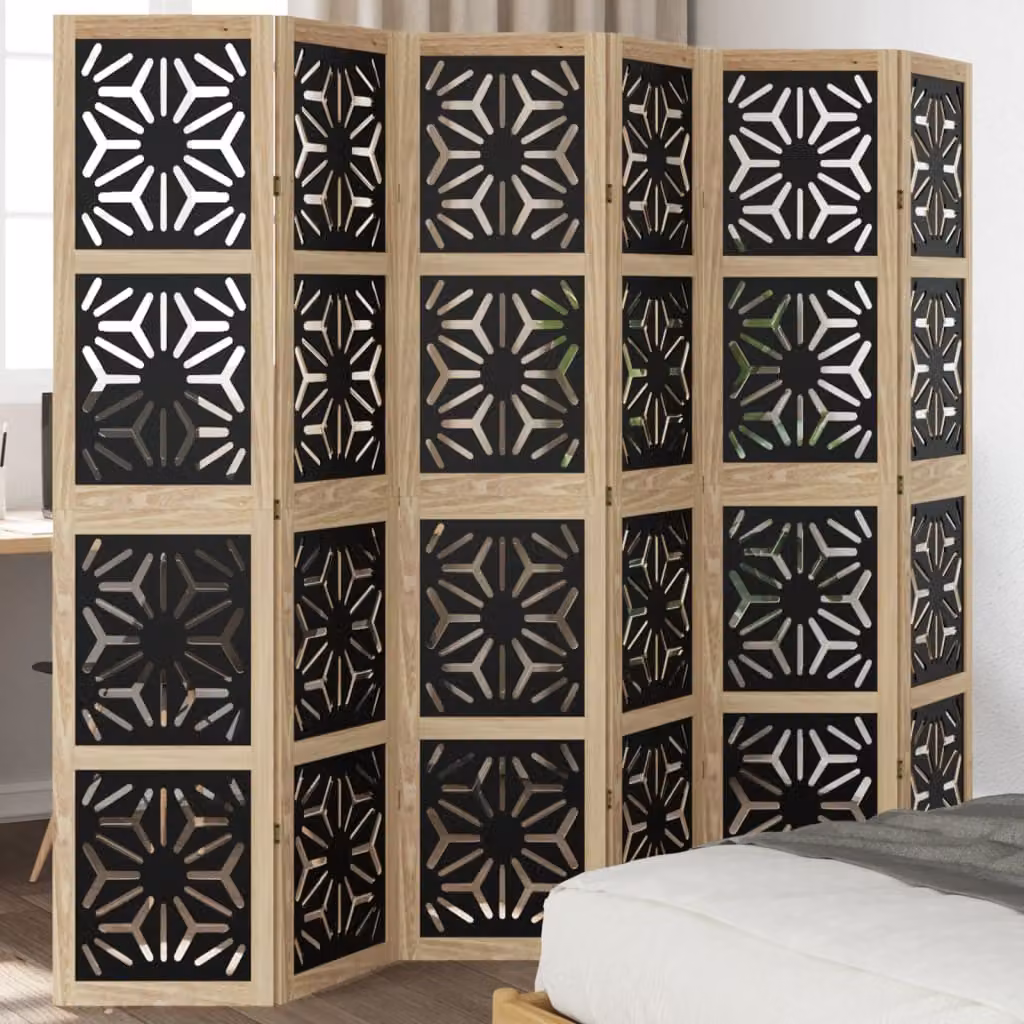 Divisorio Ambienti vidaXL con 6 Pannelli Geometrici in Legno di Paulownia, Marrone e Nero, H 180 cm x L 215 cm x P 6 cm