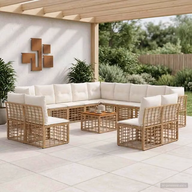 Set di divani da esterno vidaXL 14 pezzi per 13 posti in stile moderno con tavolino da caffè, struttura in acciaio e legno di acacia, colori beige, bianco e marrone – 1