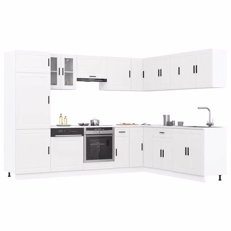 Set di mobili da cucina moderno vidaXL composto da 14 pezzi in legno e vetro, colore bianco opaco