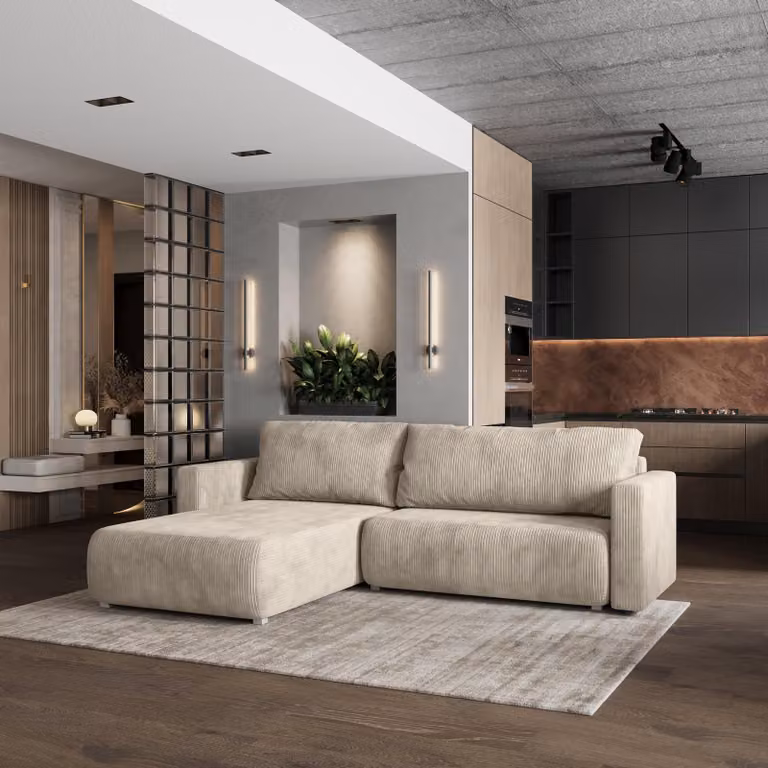 Divano angolare Masseno TURIN P con funzione letto a L, divano con box letto, divano da salotto, divano, divano, divano letto, set di divani - crema, POSO 100