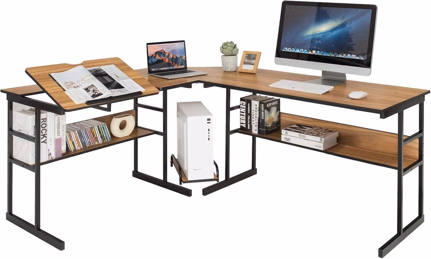 COSTWAY Scrivania a L, scrivania angolare in legno con piano inclinabile, libreria inferiore e supporto per CPU, scrivania da disegno per ufficio, 170 x 150 x 75 cm (noce)