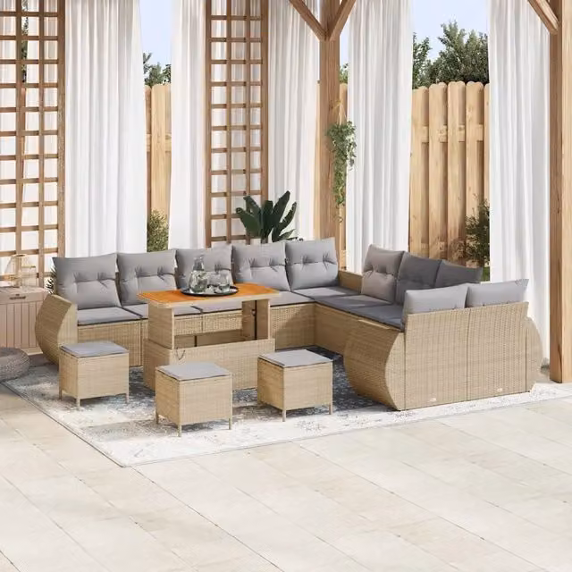 Set Divano da Giardino vidaXL 14 Pezzi Beige con Cuscini e Tavolino in Polyrattan e Acciaio – 1
