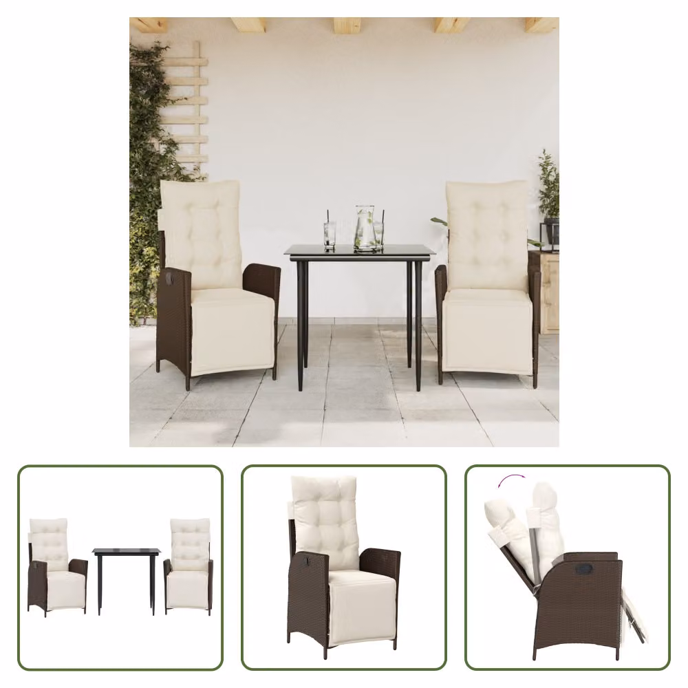 The Living Store Set da pranzo da giardino in 3 pezzi con cuscini in poly rattan marrone