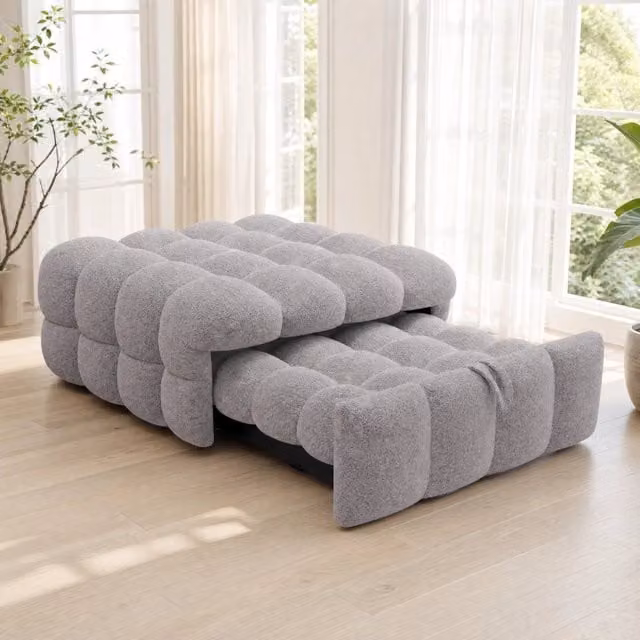 Pouf letto 183 cm grigio in teddy, convertibile in letto singolo