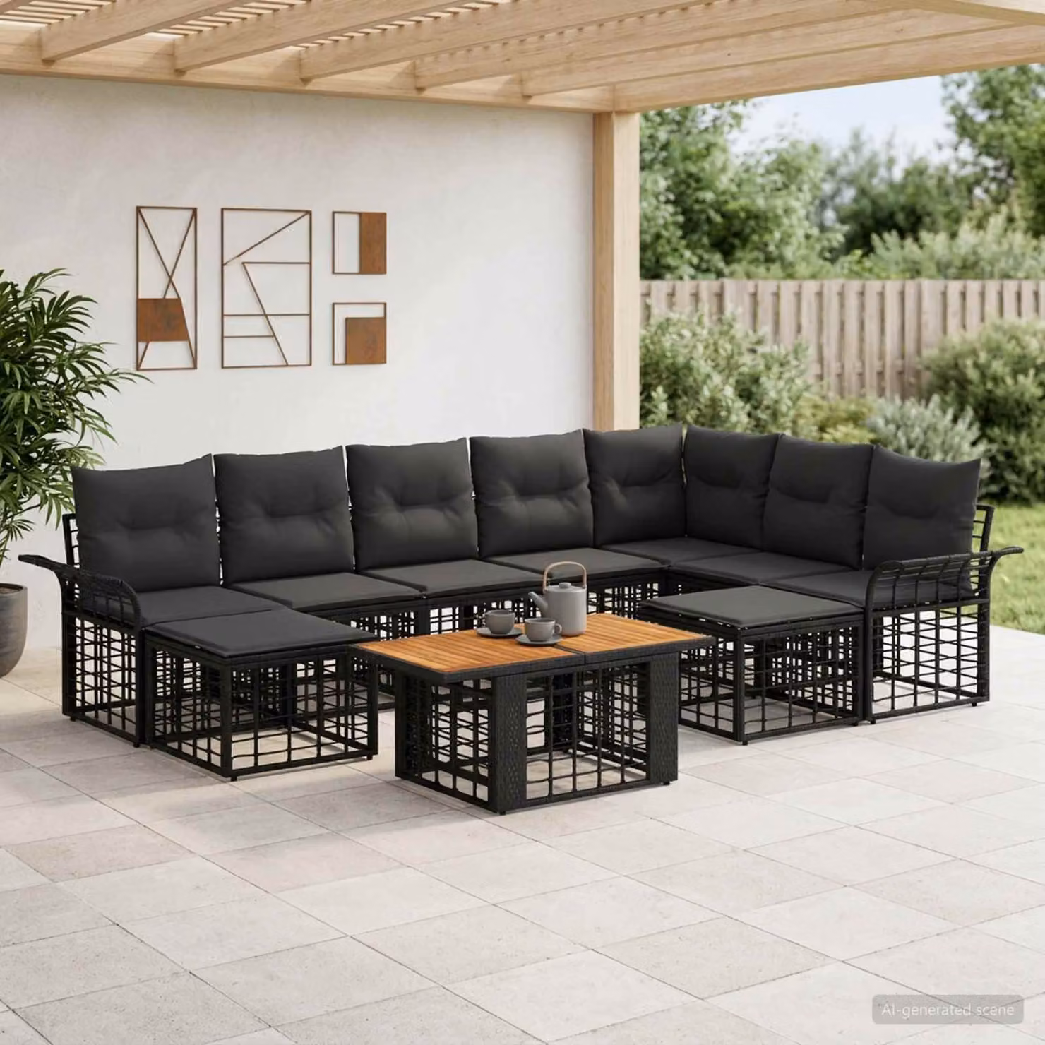 Set Divano da Giardino vidaXL 10 Pezzi a Forma di L con Tavolino e Pouf, Colore Nero e Grigio, Struttura in Metallo e Polyrattan con Cuscini Imbottiti e Rivestimenti Rimovibili