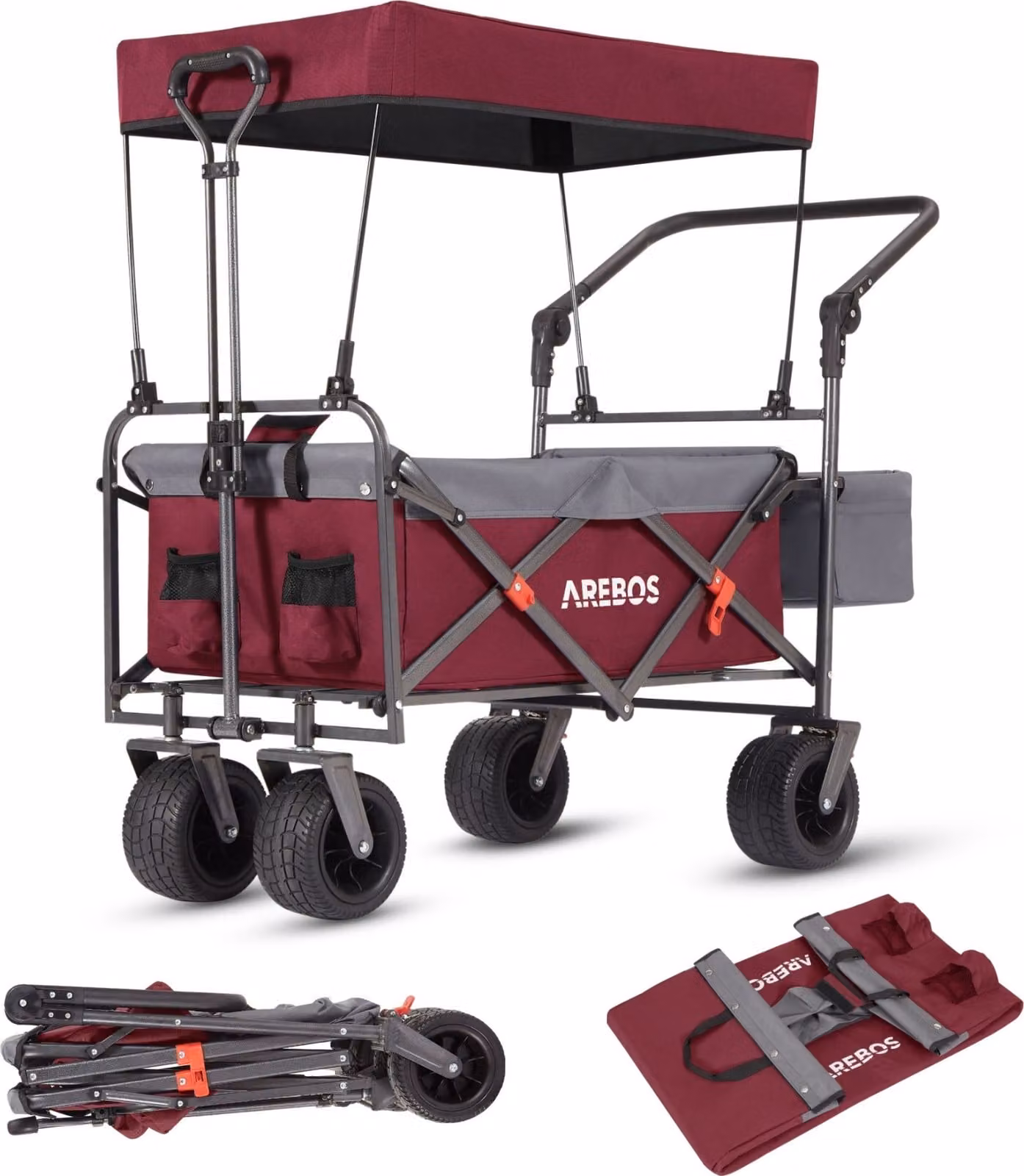 AREBOS carretto pieghevole con tetto rosso | lusso, borsa XXL, ruote anteriori a 360°