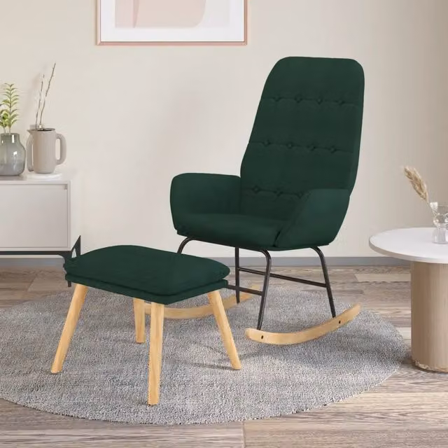 Poltrona a Dondolo con Poggiapiedi vidaXL in Tessuto Grigio e Verde con Struttura in Legno e Metallo