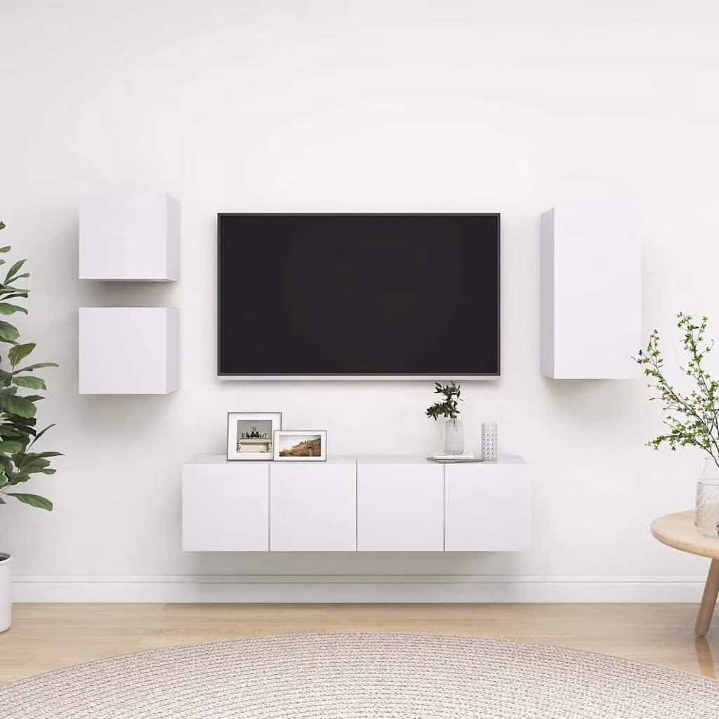 Set di mobili porta TV da 5 pezzi vidaXL in legno multistrato e MDF, colore bianco opaco, ideale per il tuo soggiorno