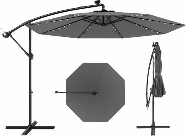 Ombrello solare a braccio orientabile con 40 lampadine e pannello solare, Grigio, Diametro: 300 cm