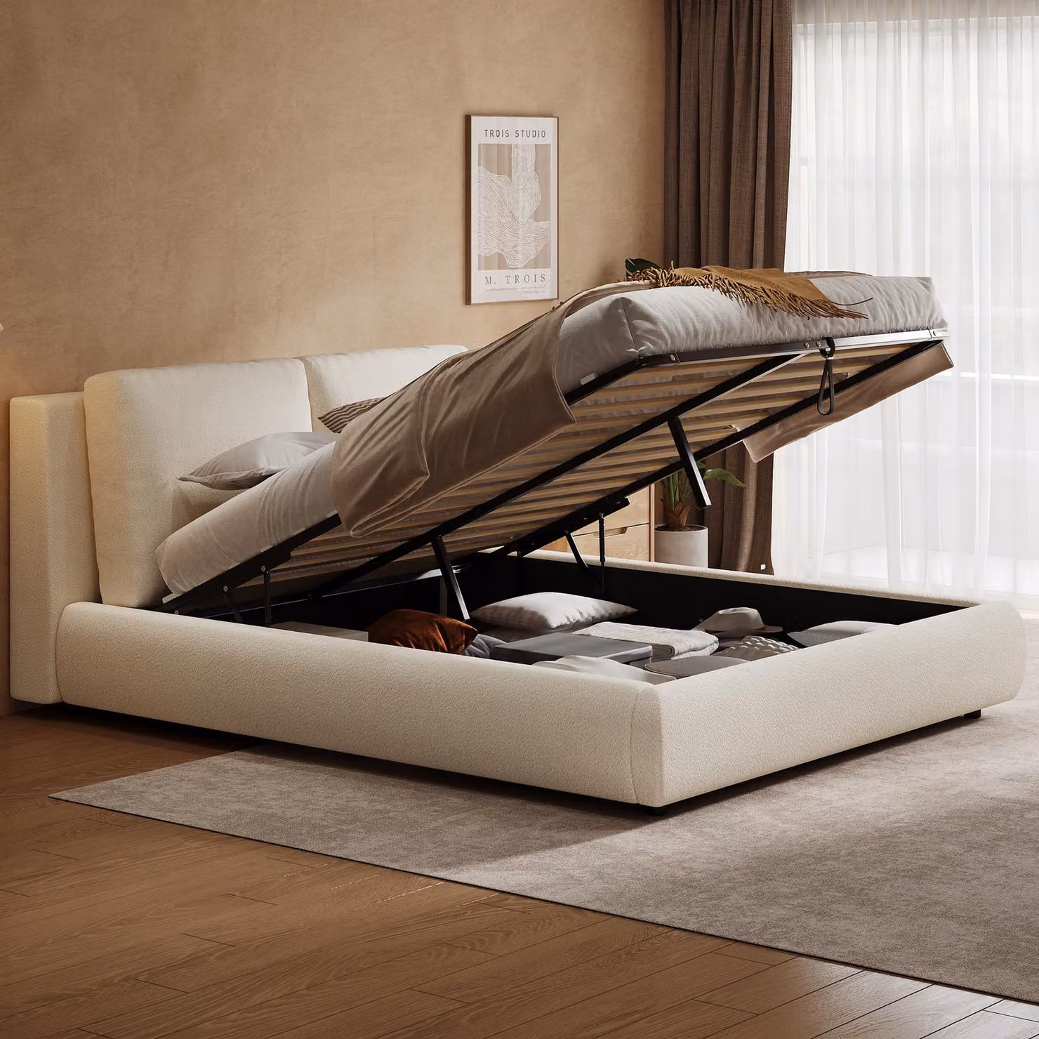 Letto imbottito, letto matrimoniale, 180*200cm, letto funzionale idraulico, letto con rete a doghe, testata e ampio vano contenitore, testata imbottita