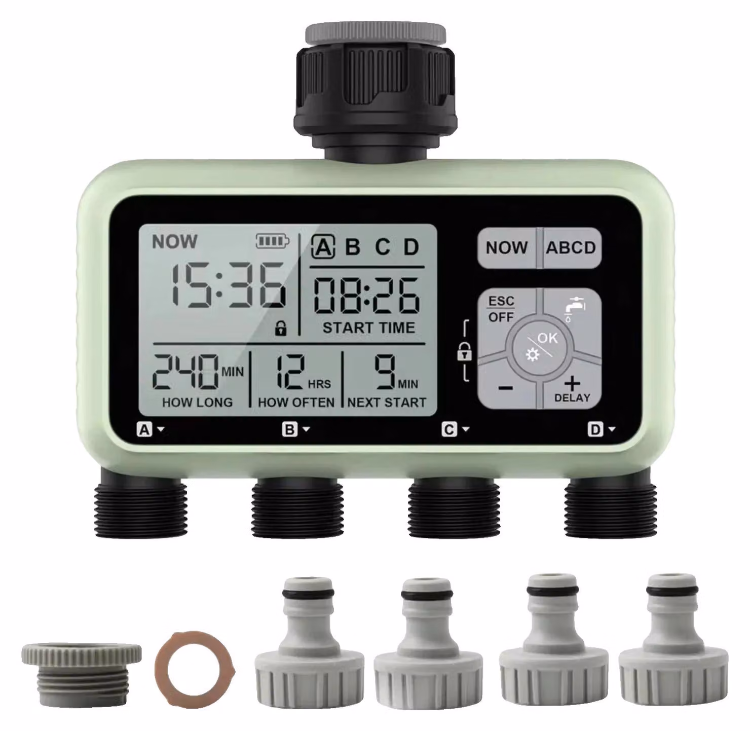 Contatore d'acqua, 4 uscite, controllo automatico programmabile, colore verde