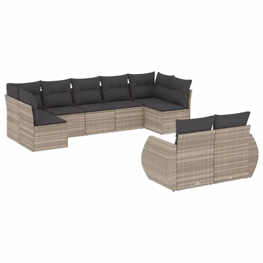 vidaXL Set Divano da Giardino 9pz in Polyrattan con Cuscini Grigio Chiaro – 2