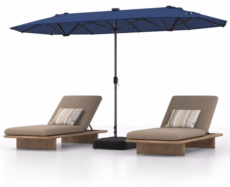 Ombrellone doppio, dimensioni 400 x 200 cm, con illuminazione solare a LED, protezione solare UPF 50+, completo di struttura e sacchi di sabbia, colore blu