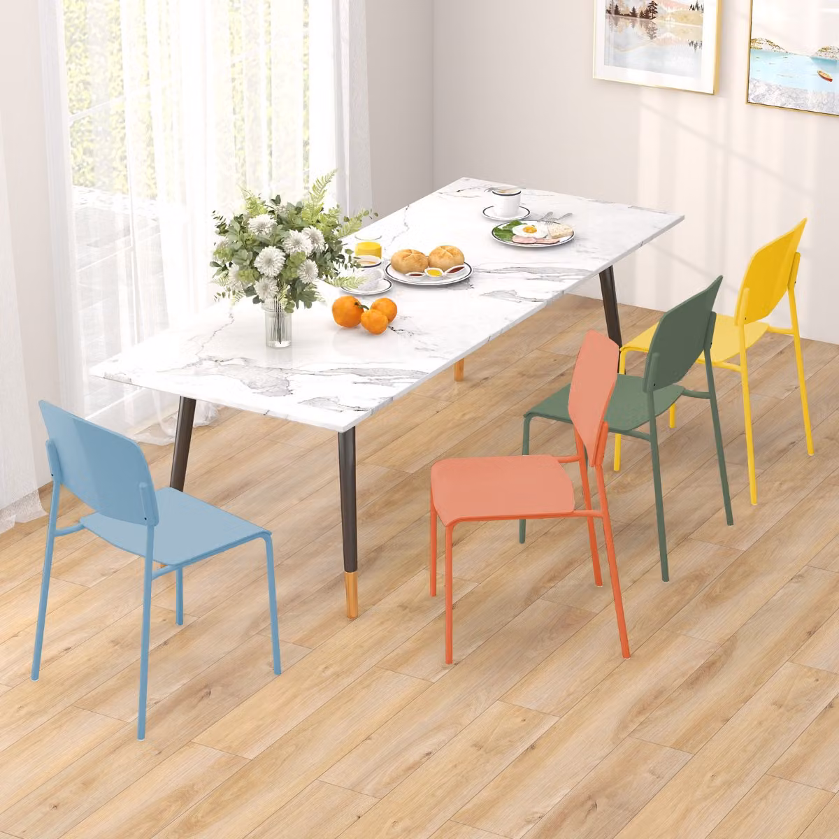Set di 4 sedie da pranzo Costway multicolore, sedie laterali senza bracci impilabili con schienale ergonomico e seduta ampia, portata 160 kg – 2