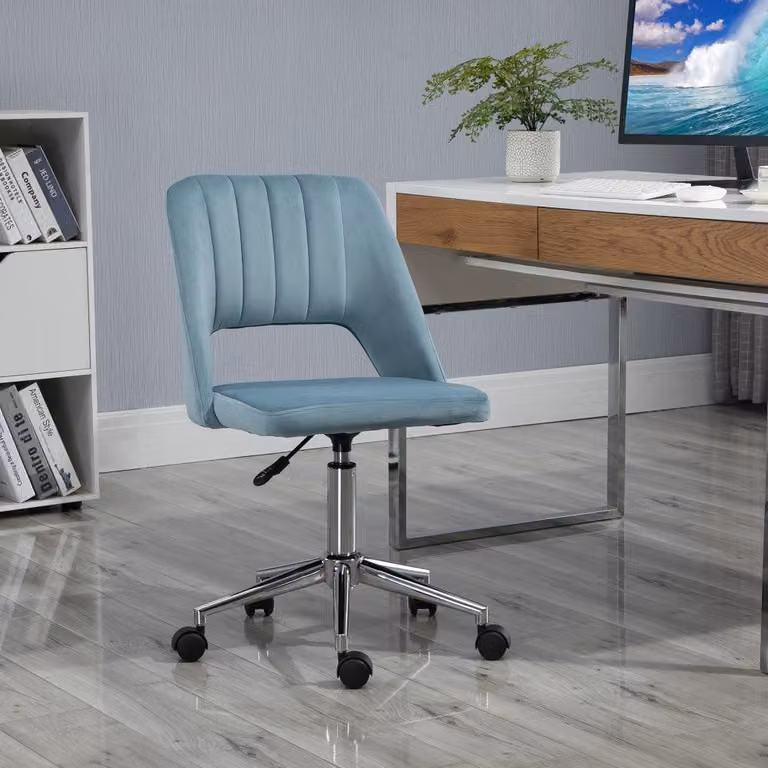 Sedia da ufficio in velluto blu, regolabile in altezza, ergonomica e girevole, con rotelle