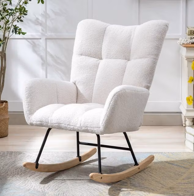 Poltrona a dondolo 65x77x90 cm in peluche bianco, schienale ergonomico -
