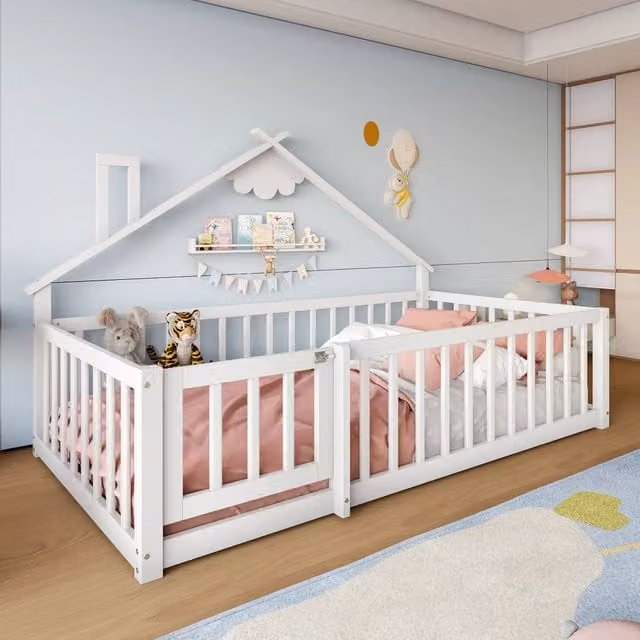 Letto a castello per bambini Zephmum in legno e MDF bianco con struttura a casetta L/P/H: 190 x 90 x 162 cm – 1