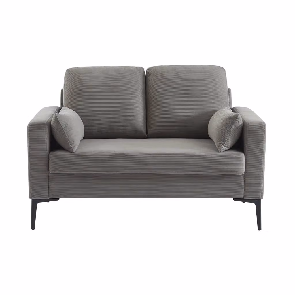 Divano a 2 posti Sweeek in velluto a coste grigio, design moderno con gambe in metallo e legno, L: 130 cm, P: 82 cm, H: 68 cm