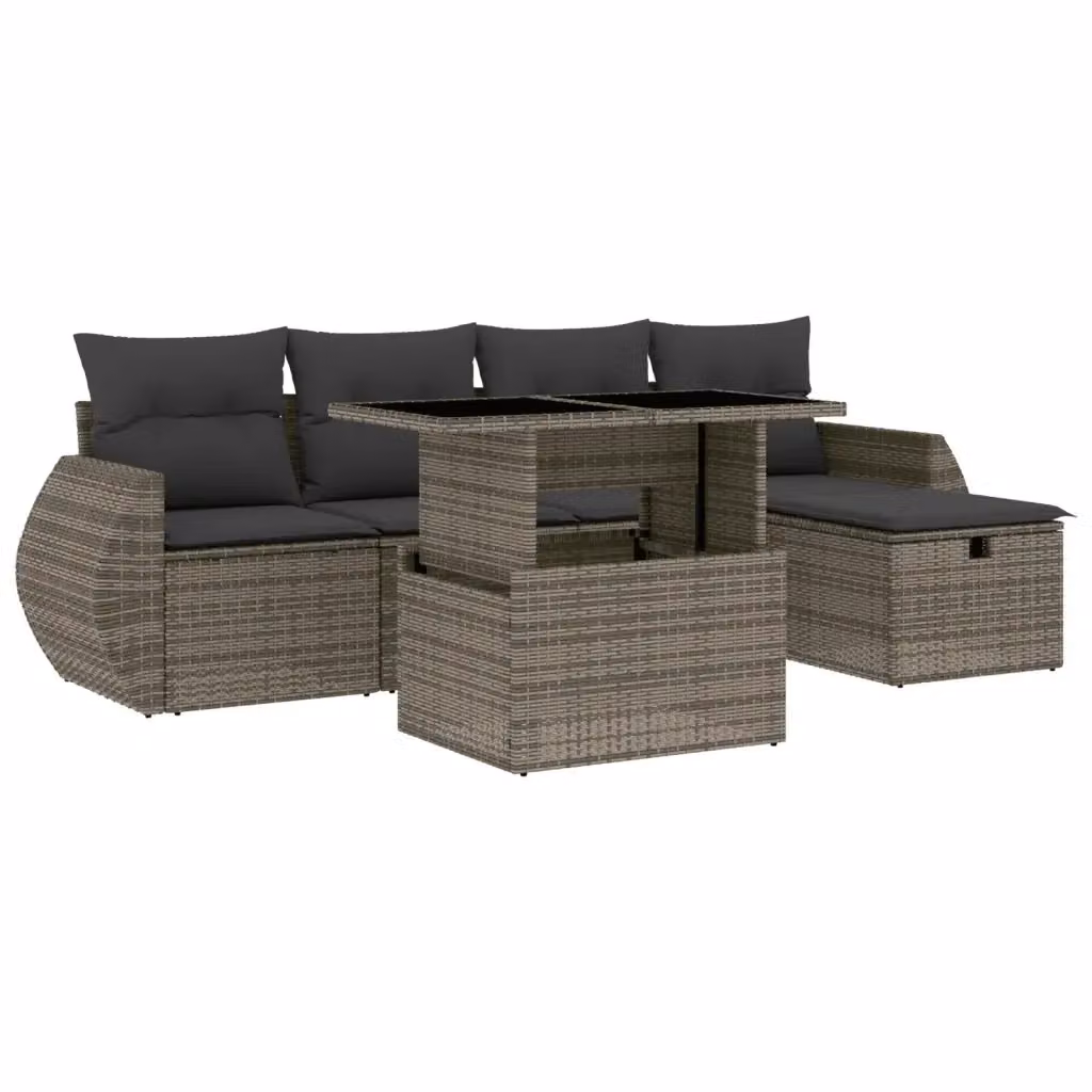 vidaXL Set Divano da Giardino 6 pz in Polyrattan Grigio con Cuscini e Tavolino – 2
