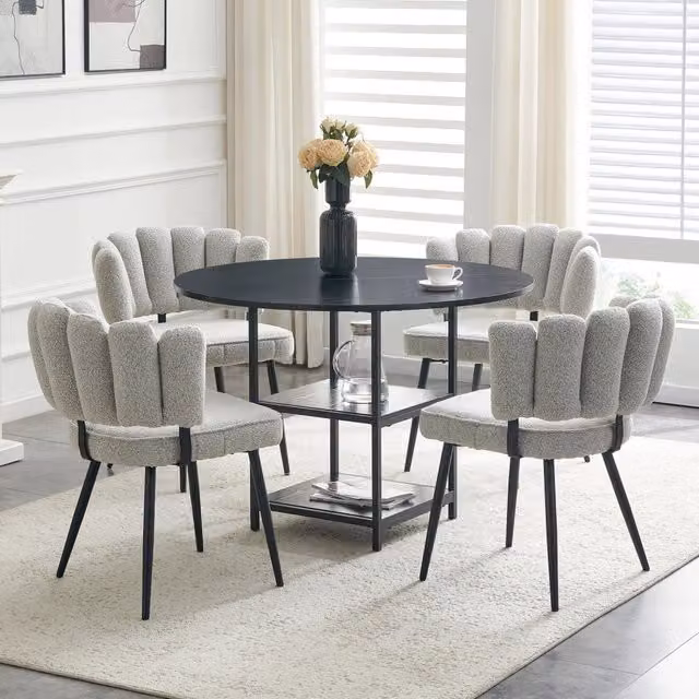 Set da pranzo 4 posti con tavolo rotondo; piano a doppio ripiano in MDF e metallo nero; grigio chiaro