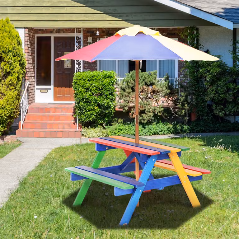 Set da picnic Costway in legno di abete con ombrellone per bambini, tavolo e panchina pieghevoli multicolore per giardino o cameretta