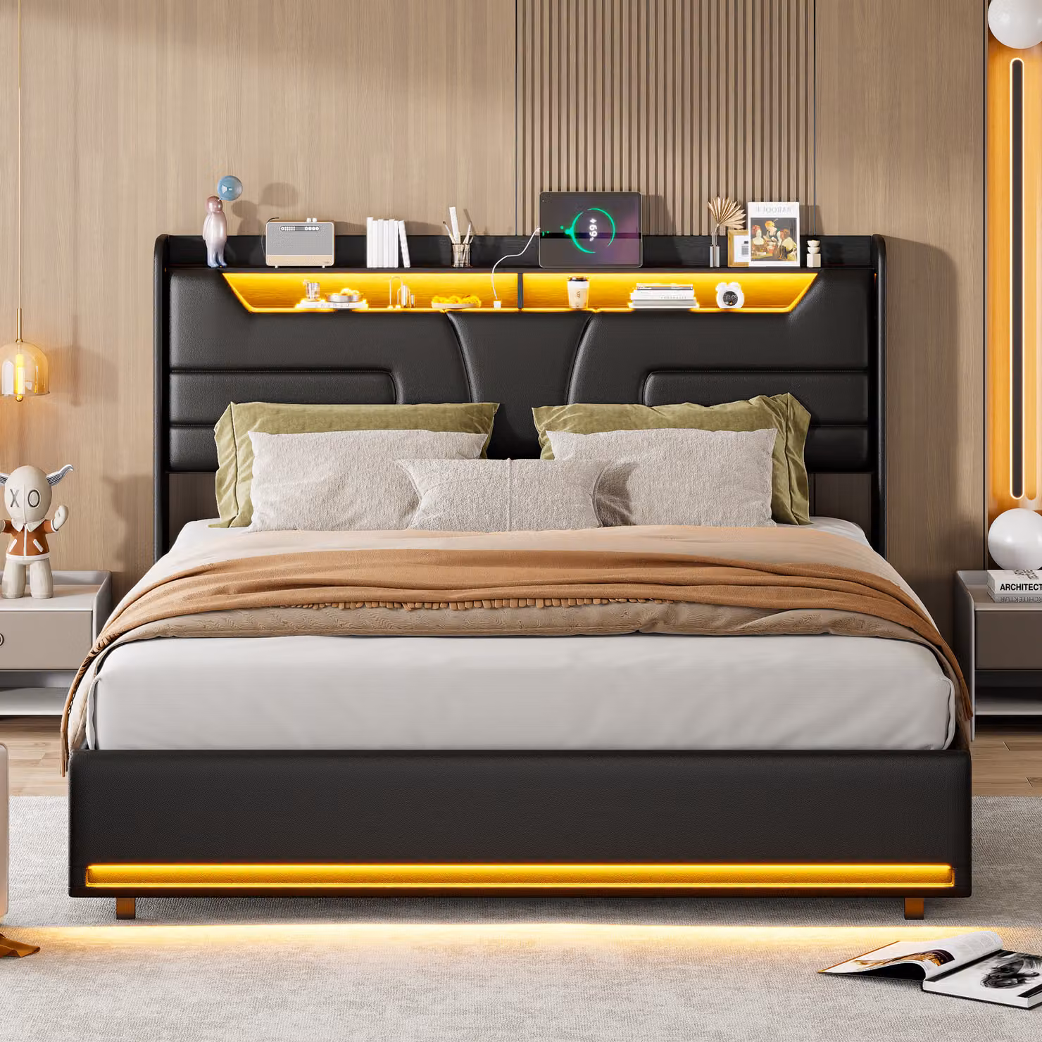 Letto Moonbite con contenitore, dimensioni 140x200 cm, rivestito in ecopelle nera, con organizer integrato nella testiera dotato di vani, prese di corrente e porte USB, illuminazione LED e struttura robusta