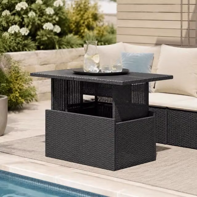 Garden Table With Glass Top, Black, 100x55x73 Cm, Poly Rattan