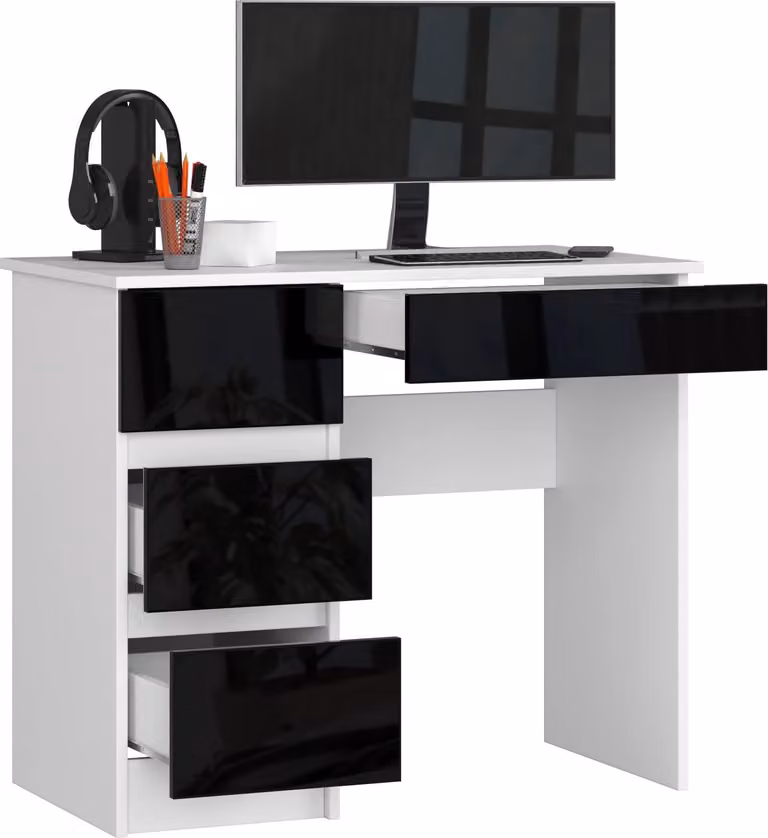 BDW Scrivania per ufficio con 4 cassetti, scrivania per videogiochi, bianco/nero sinistro lucido