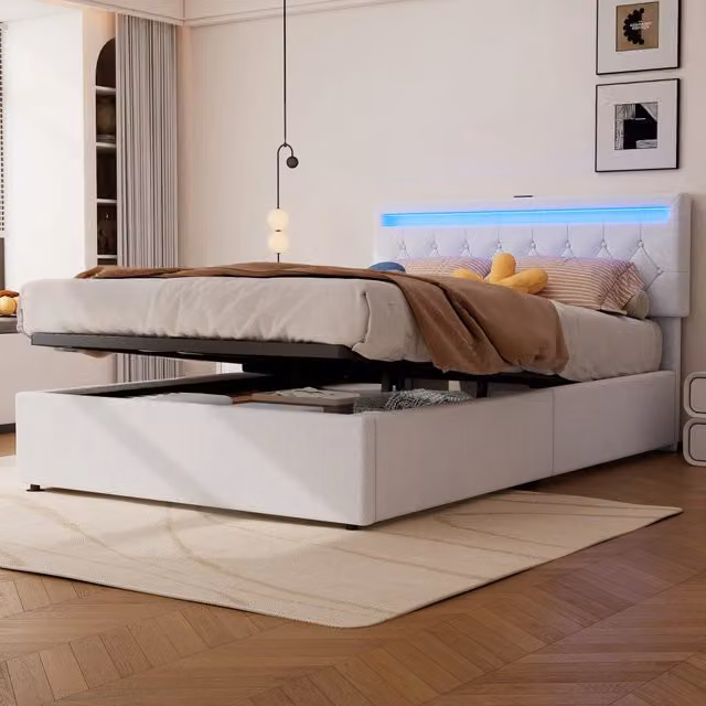 Letto imbottito basso 140x200 cm con luce ambiente, letto regolabile in altezza, presa USB e Tipo-C, ampio spazio contenitore - Bianco