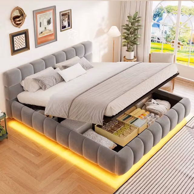 Letto contenitore 160x200 cm; matrimoniale con contenitore idraulico; testiera e lati imbottiti; LED; velluto; grigio
