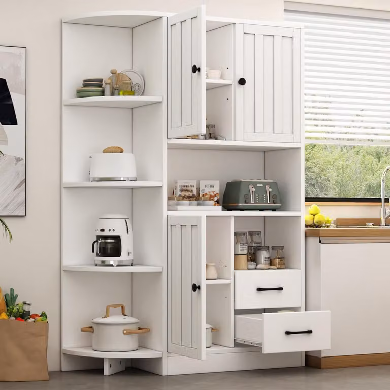 Armadio ad angolo 104x35x155 cm, bianco, con ante, cassetti e 14 scomparti