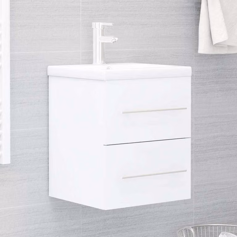 Mobile Bagno Moderno vidaXL con Lavabo Integrato Bianco Lucido in Legno e MDF L: 76,7 cm, P: 48,0 cm, H: 41,0 cm