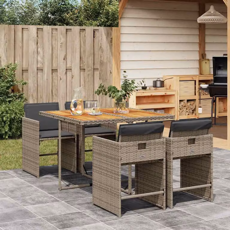 Set da pranzo da giardino vidaXL in polyrattan e legno di acacia con 5 pezzi, grigio e marrone
