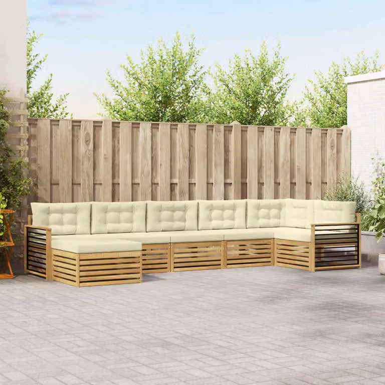 vidaXL Set di divani da esterno a L composto da 7 pezzi in legno di acacia con cuscini in bianco e beige