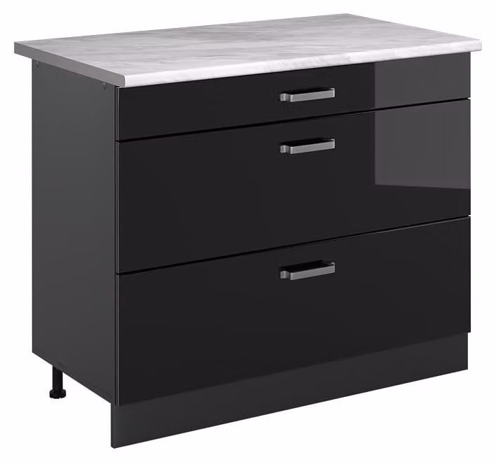 Mobiletto base per cucina Vicco R-Line Nero lucido/Antracite 100 cm piano di lavoro Marmo, Model 71589