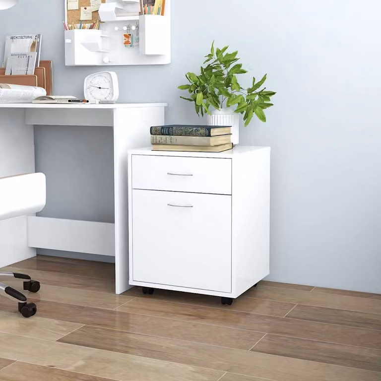 Mobiletto moderno vidaXL bianco con cassetti e ante in legno MDF, L: 45 cm, P: 38 cm, H: 54 cm