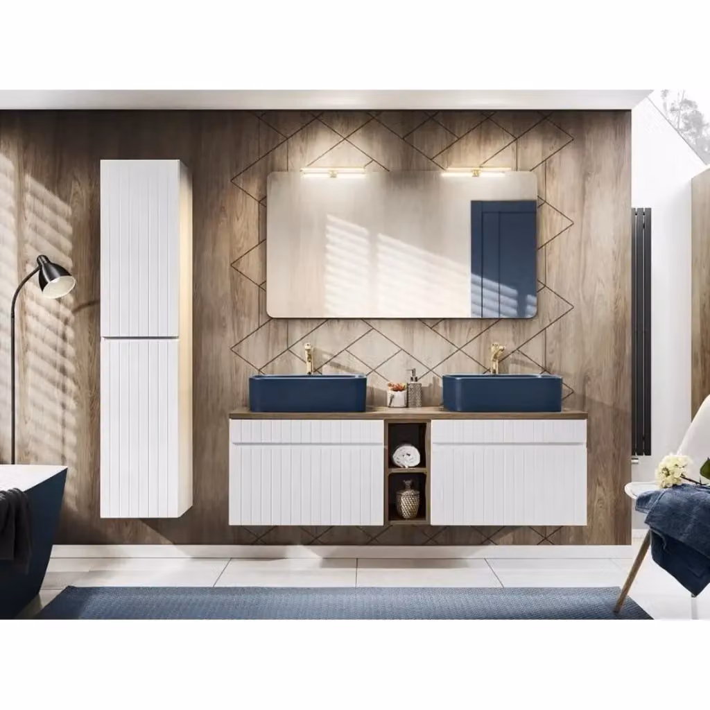 Set ICON Meublorama: mobile sottolavabo bianco con nicchie in legno, due lavabi da appoggio blu, specchio con LED e colonna per bagno – 2