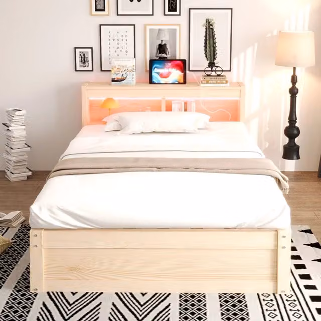 Letto singolo multifunzionale 90 × 200 cm con contenitore idraulico LED prese integrate legno colore legno