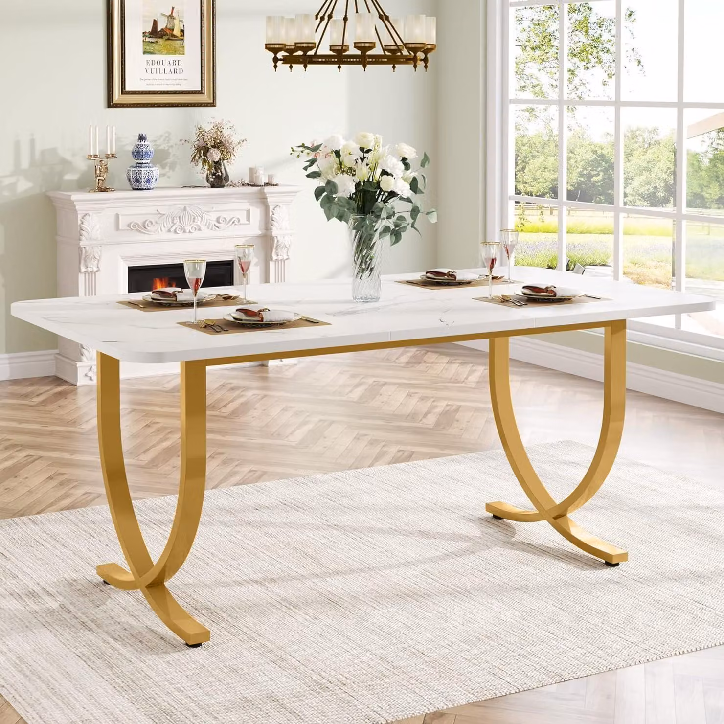 Tavolo da pranzo rettangolare, dimensioni 160 x 80 x 75 cm, bianco/oro, realizzato in resina sintetica e metallo