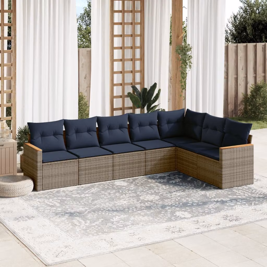 Set di divani da giardino vidaXL in polyrattan da 7 pezzi con cuscini grigi e blu e struttura in acciaio, design moderno a forma di L per esterno