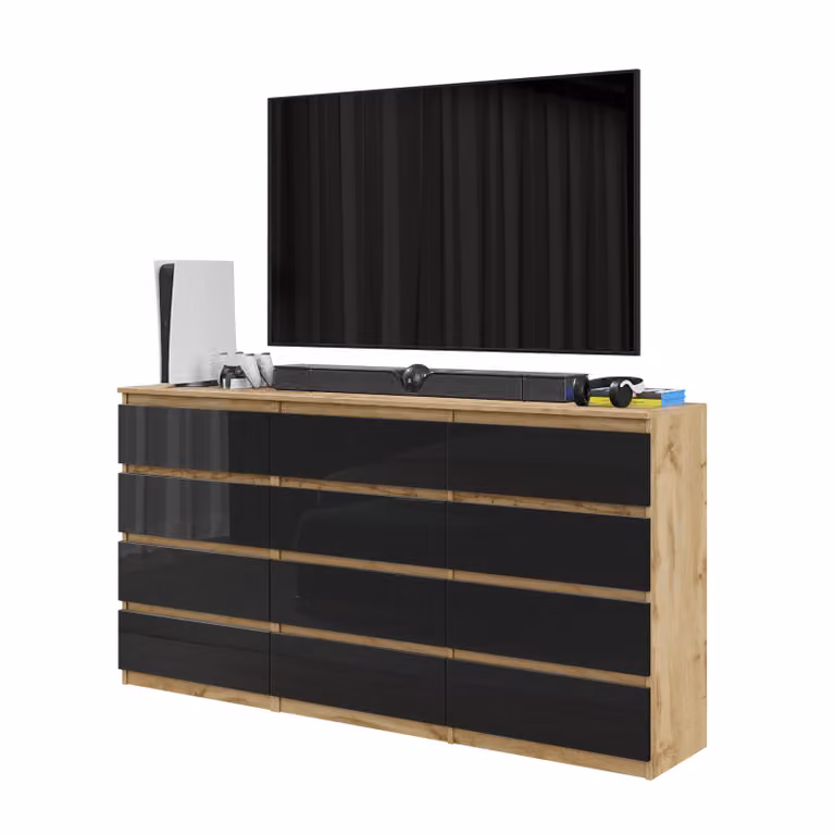 Set di comodini Wotan, finitura noce/nero lucido, con 12 cassetti (8+4) – Grande set di contenitori per camera da letto e soggiorno – GABRIEL