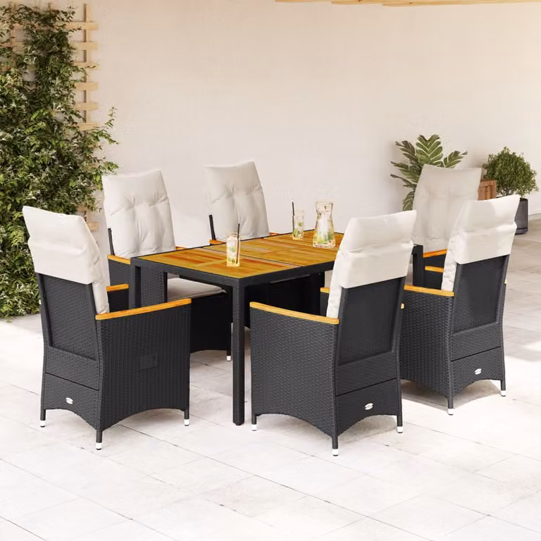 Set da Pranzo da Giardino vidaXL in Legno di Acacia e Polyrattan con 7 Sedute, Nero e Bianco